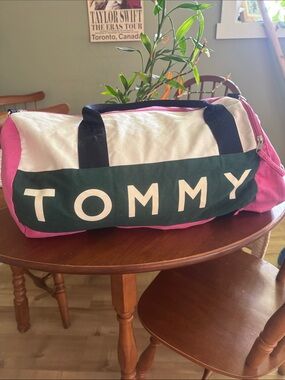 Tommy Hilfiger Pink White and Dark Green Logo Duffel